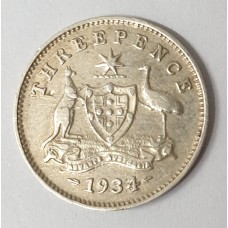 AUSTRALIA 1934/3 . THREEPENCE . OVERDATE . TONED . KEY DATE